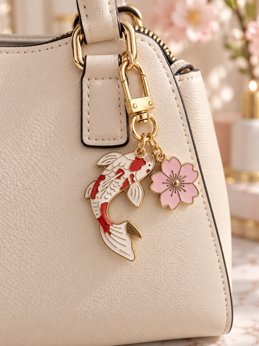 Gold-Tone Koi Fish & Cherry Blossom Purse Bag Charm New